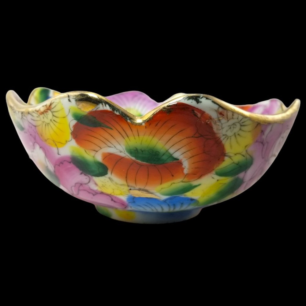 Vintage Chinese Bowl, Hand Painted Floral, Gold Trim, Scalloped Edge Multi-Color